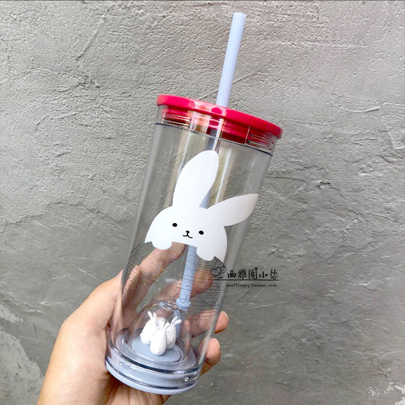 星巴克杯子532ml中秋秋月萌兔款塑料吸管装饰大容量吸管杯