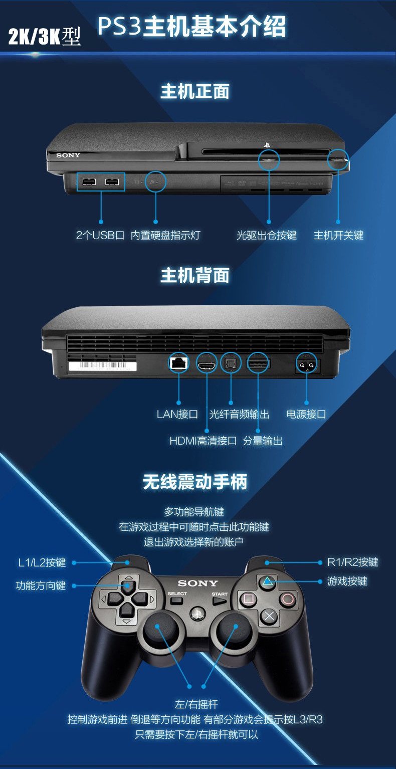 索尼ps3游戏机slim软破机2512 4212 ps3游戏机薄款 2k 3k4k体感机