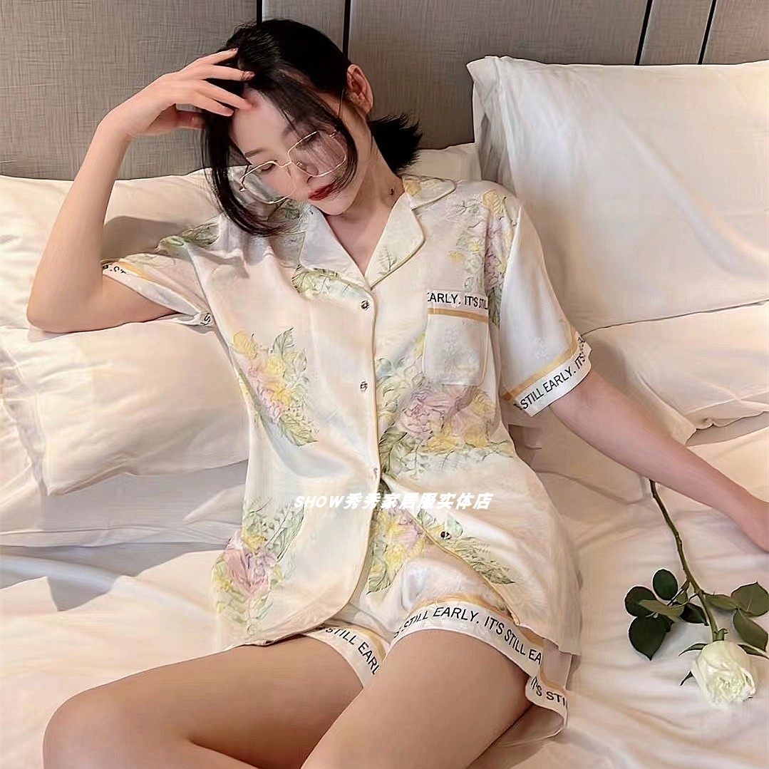 高端睡衣冰丝绸缎暗纹珠光光亮西府海棠短袖睡衣