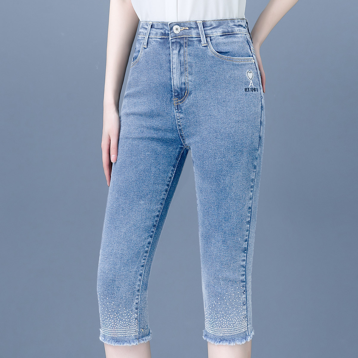 浅色夏季新款薄款7分牛仔裤女修身显瘦弹力高腰水洗直筒七分裤子