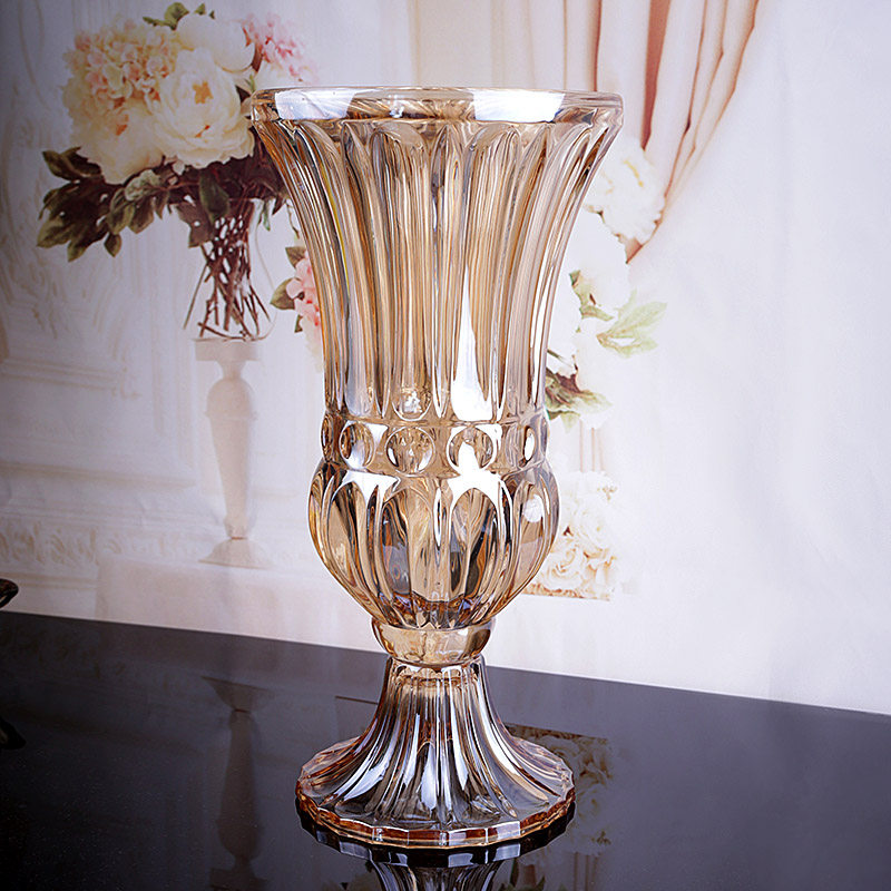 欧式大口玻璃大号落地金色大花瓶40厘米高富贵竹花瓶