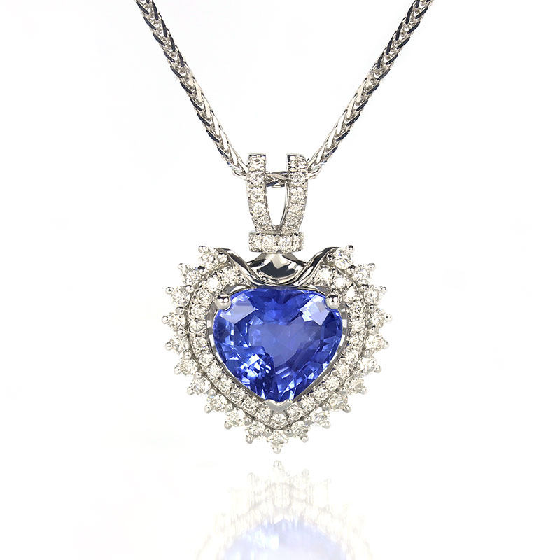 斯里兰卡无烧天然蓝宝石心形吊坠18k白金镶钻石女款项链带双证书