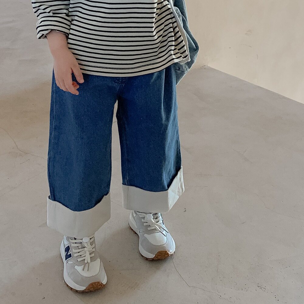 女童牛仔阔腿裤2021秋季童裤韩版儿童休闲撞色卷边牛仔裤宝宝长裤