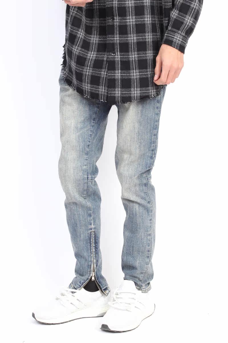 欧美kanye侃爷高街洗水做旧牛仔裤裤脚拉链男士修身弹力小脚裤