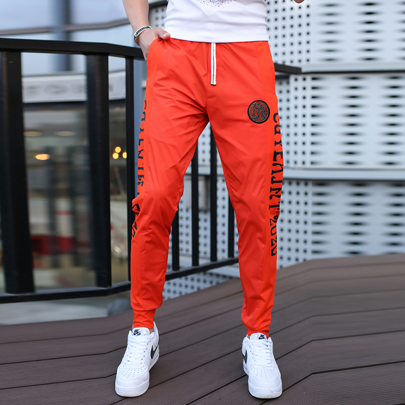 欧洲站夏季新款休闲裤男小脚卫裤彩色印花烫钻束脚裤男士运动裤潮