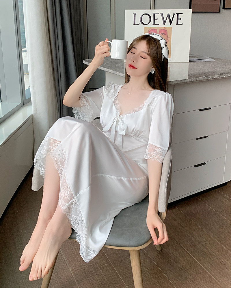 性感蕾丝宫廷诱惑白色中长短袖带胸薄款冰丝睡裙