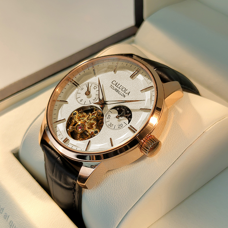 卡罗莱十大全自动机械表休闲男士手表镂空正品牌飞轮防水真皮男表