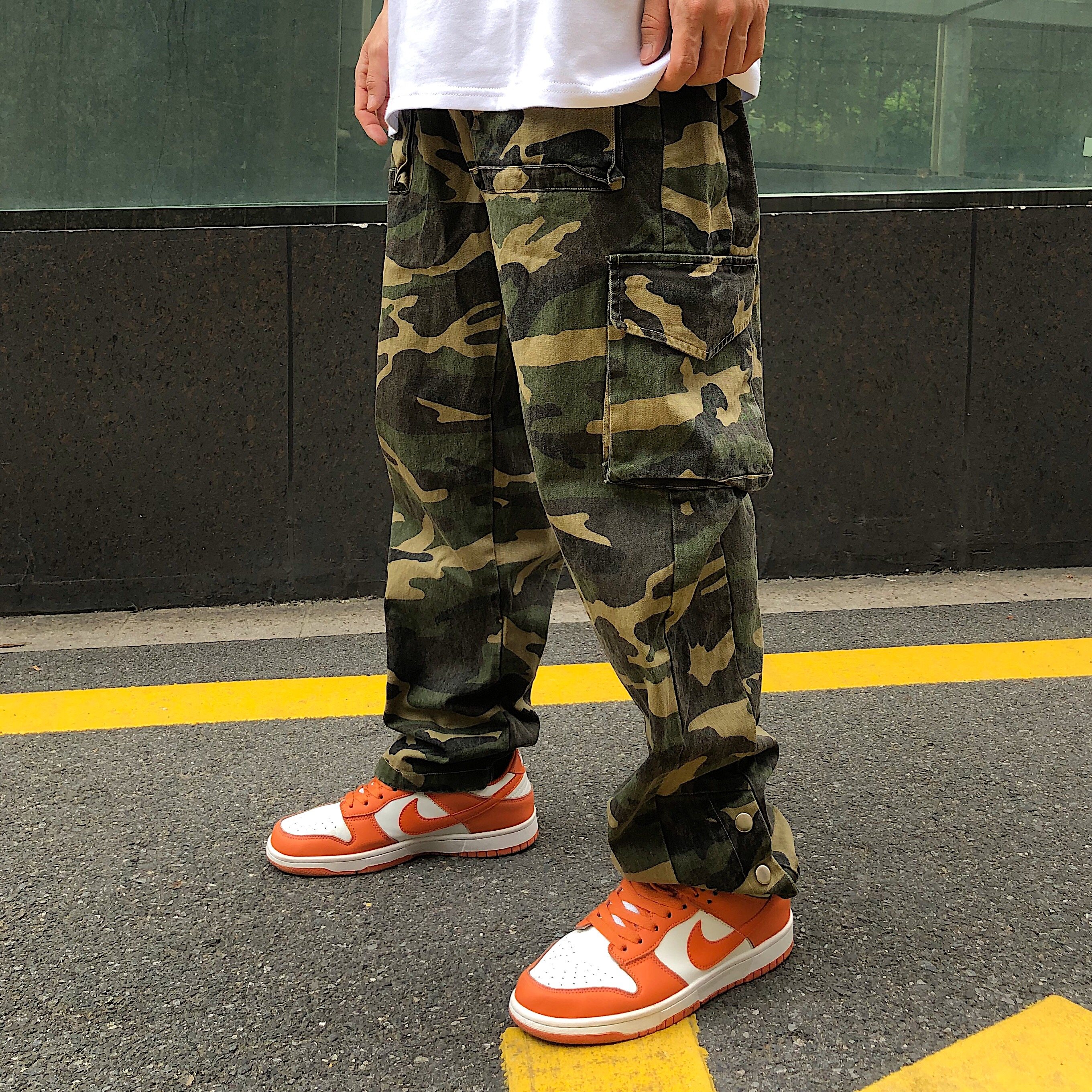 careerism美式侧排扣直筒迷彩工装裤男潮牌黑色多口袋宽松休闲女