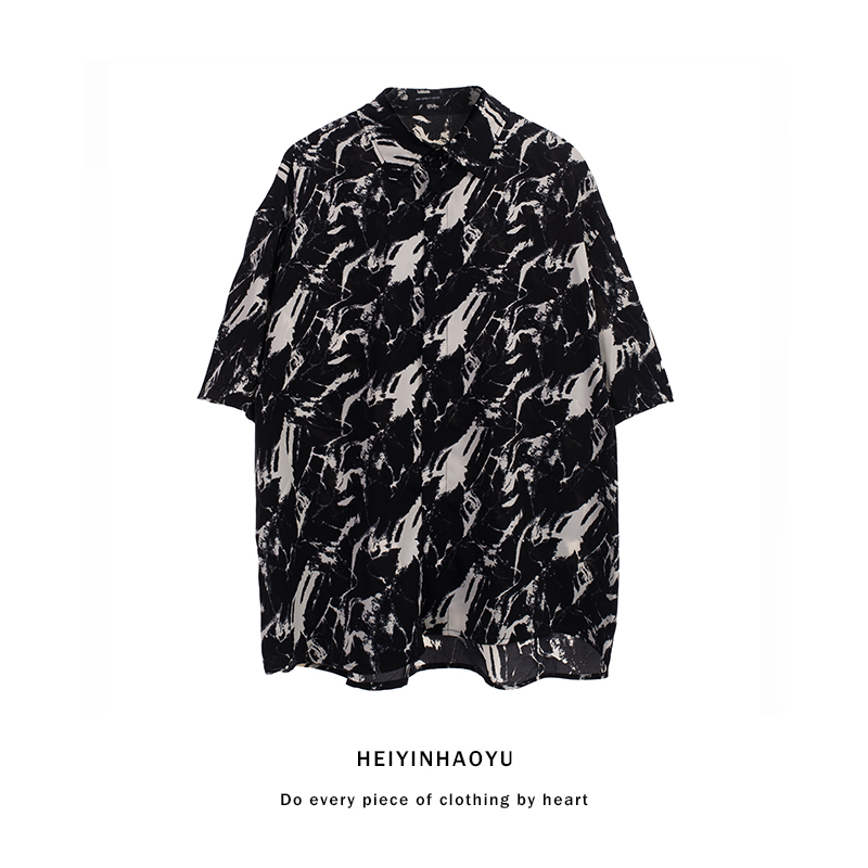 日系复古痞帅高街扎染印花夏季宽松短袖衬衫男设计感小众港风高级