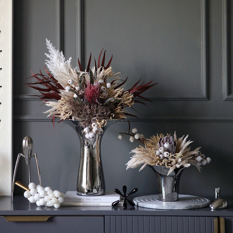简约现代银色花瓶仿真干花插花欧式轻奢摆件花瓶