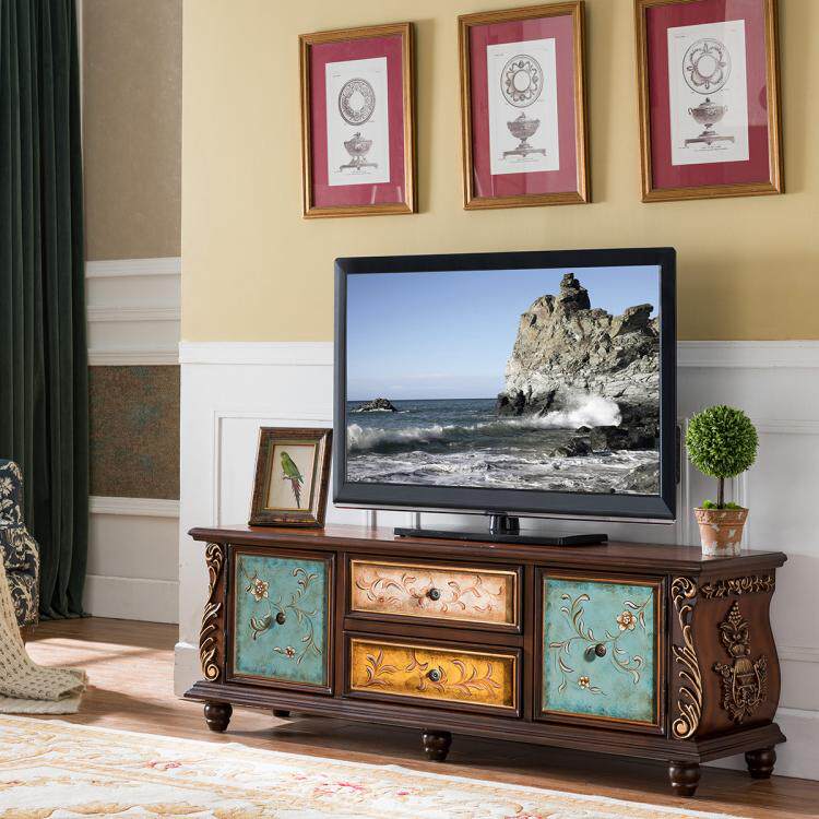 美式实木电视柜彩绘茶几欧式客厅组合柜矮柜奢华电视柜