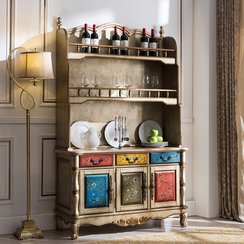 美式实木餐边柜小户户型餐厅收纳物架彩绘木质餐边柜
