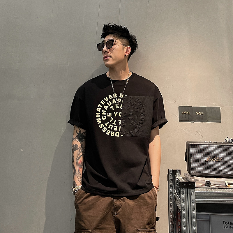 夏季男士设计感拼接时尚短袖宽松百搭T恤青少年韩版ins半袖上衣潮