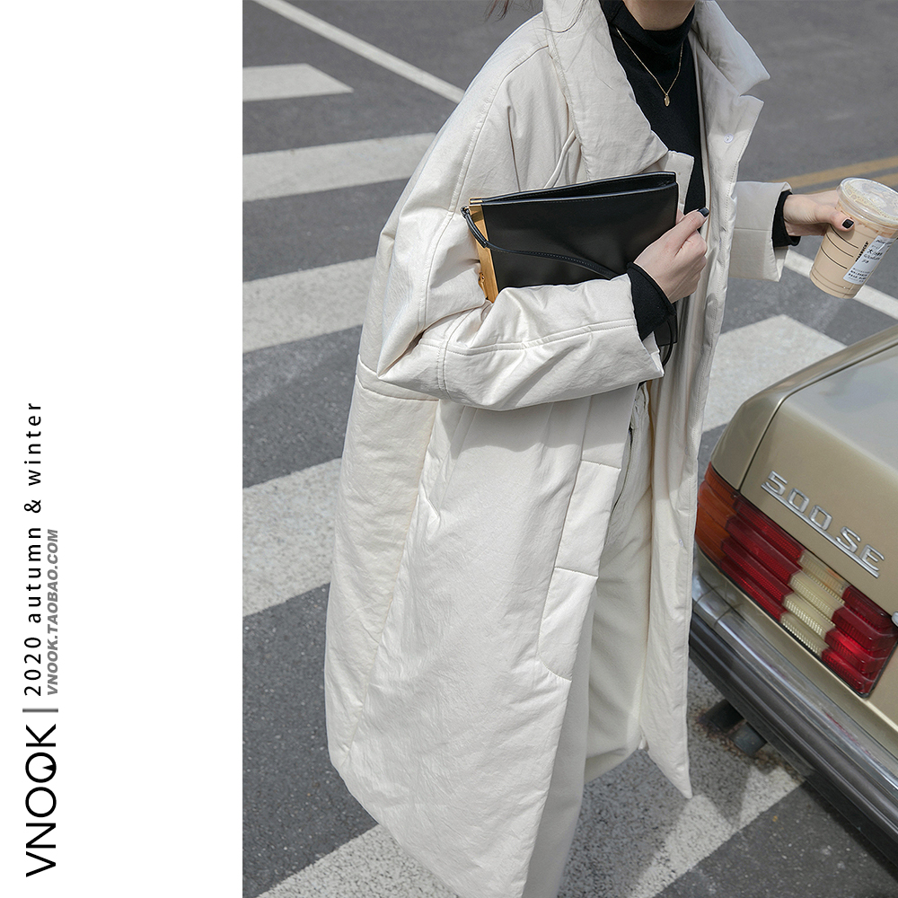 VNOOK 过膝中长款外套女新款冬季翻领显瘦加厚保暖白色羽绒大衣