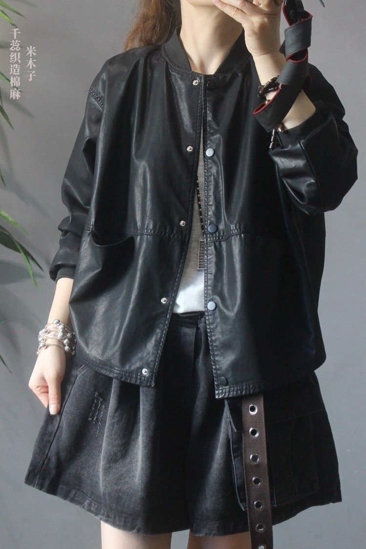 休闲宽松皮衣服暗机车松显新款百搭春季2021皮衣