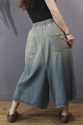 米木子复古印花渐变吊裆阔腿裤女2020春季新款宽松大码个性裤子