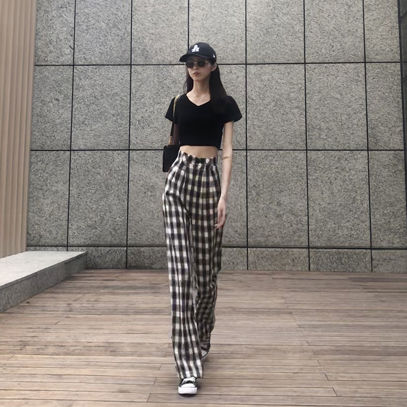 2021春夏高腰显瘦大格子阔腿裤女宽松直筒休闲裤复古格拖地西装裤