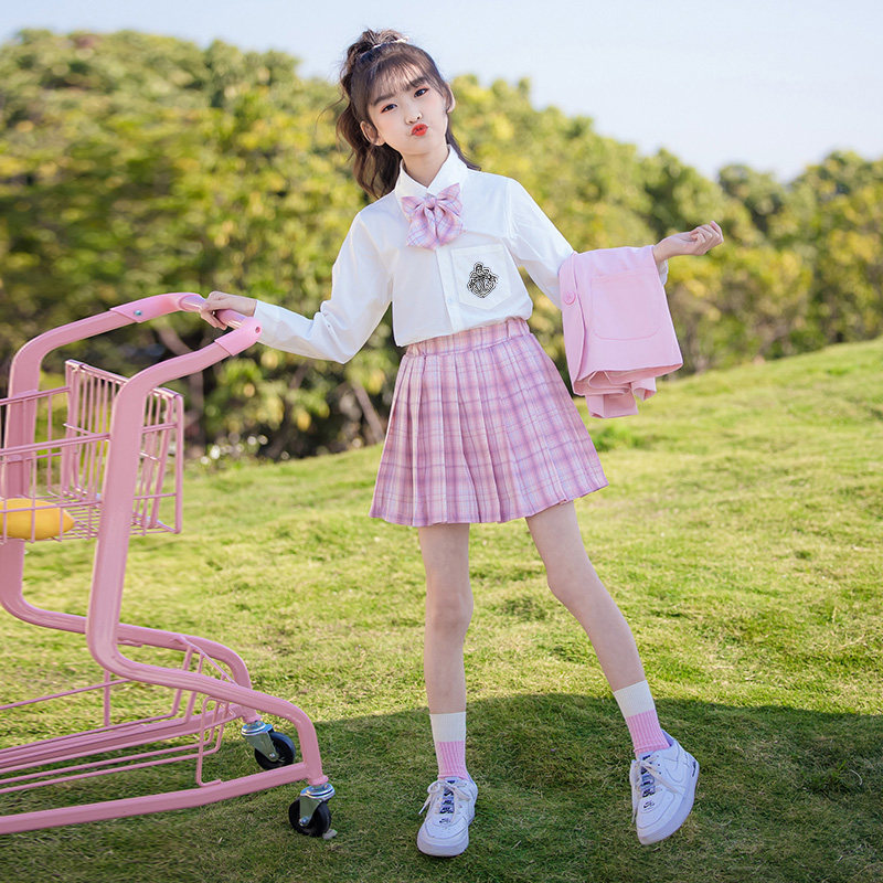 女童jk制服裙儿童套装全套春秋装小学生学院风西装外套女孩格子裙