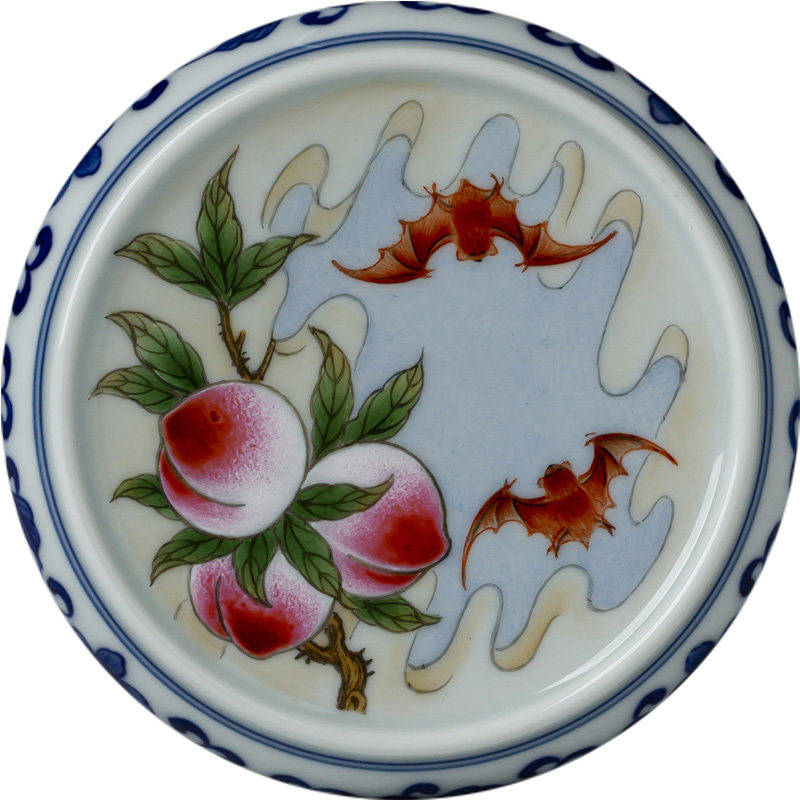 盖置圣大陶瓷手绘青花边饰蟠桃赐福盖托手工景德镇茶道