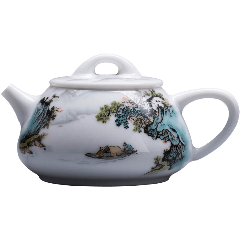 圣大陶瓷功夫茶壶手绘新彩山水石瓢壶全手工景德镇茶具泡茶壶单壶