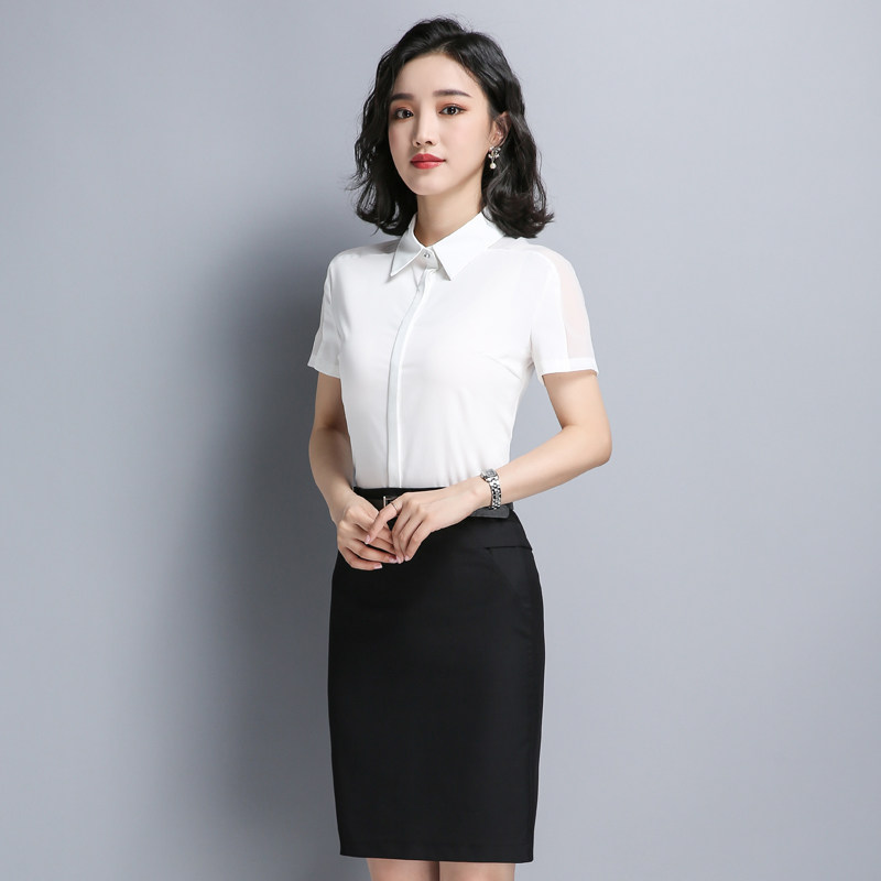 职业衬衫女夏季拼接雪纺衬衫裙子两件套美容师工作服教师面试正装-图1