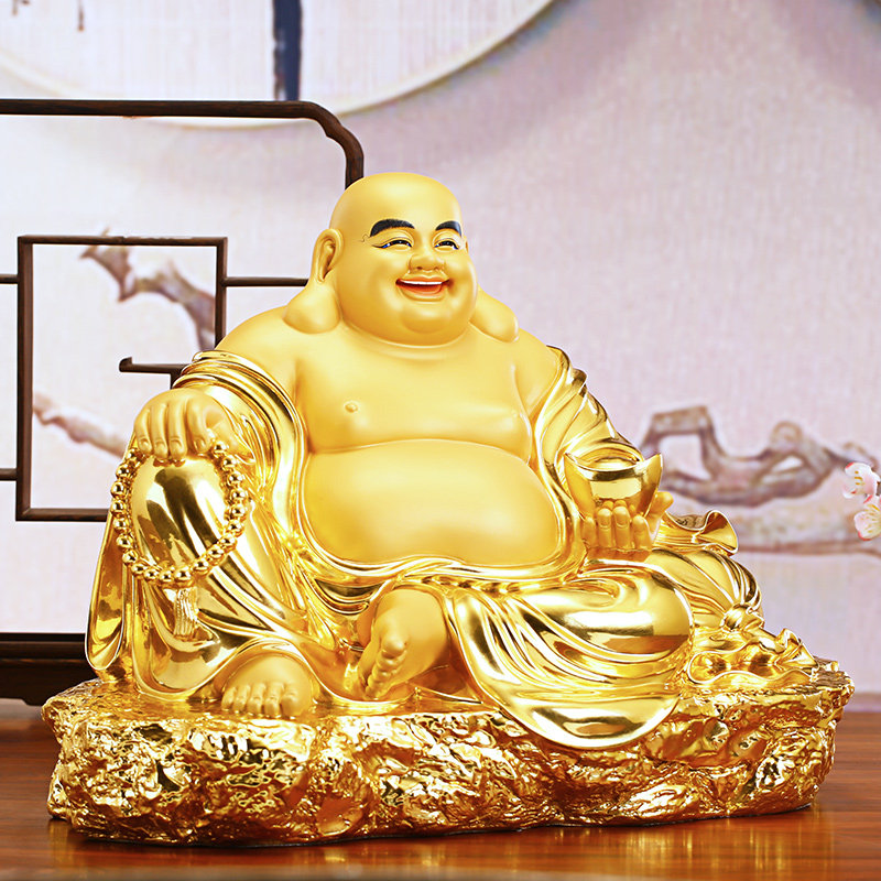 弥勒纯铜贴金佛像招财大肚菩萨笑佛家用摆件摆件