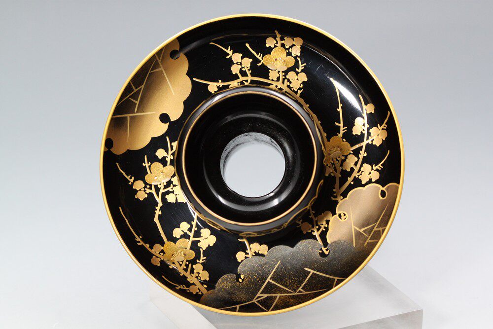 日本金箔茶盏建盏套装客套带盖梅纹漆器莳绘茶托