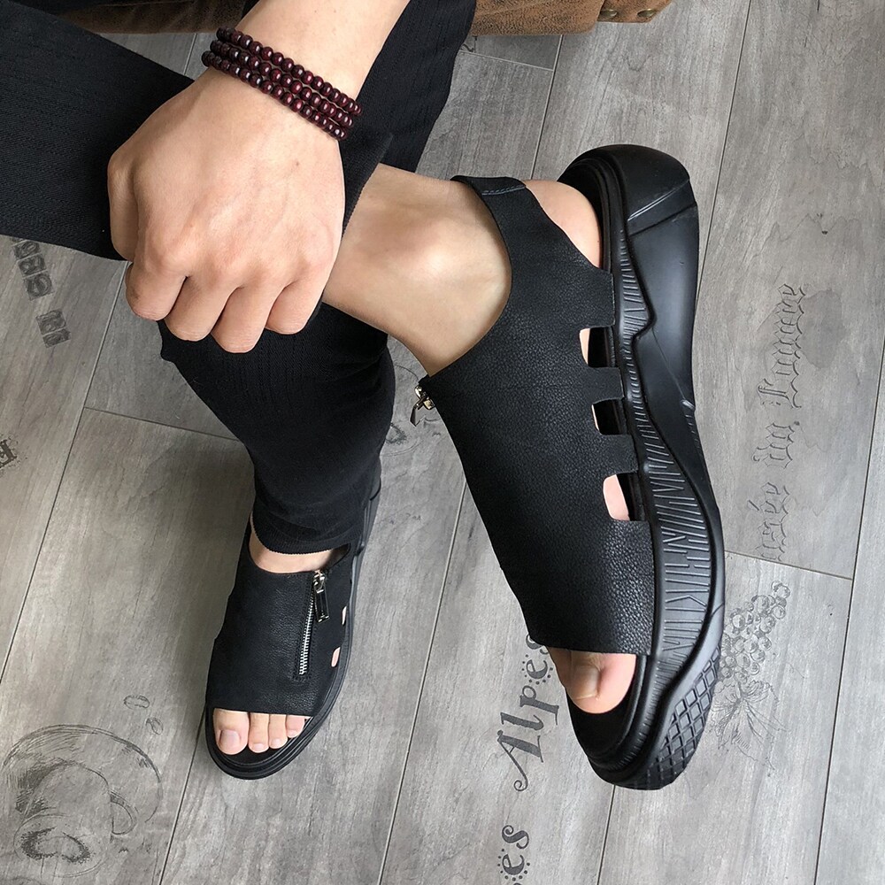 日系夏季男士真皮罗马凉鞋时尚潮流室外凉鞋男增高厚底松糕沙滩鞋