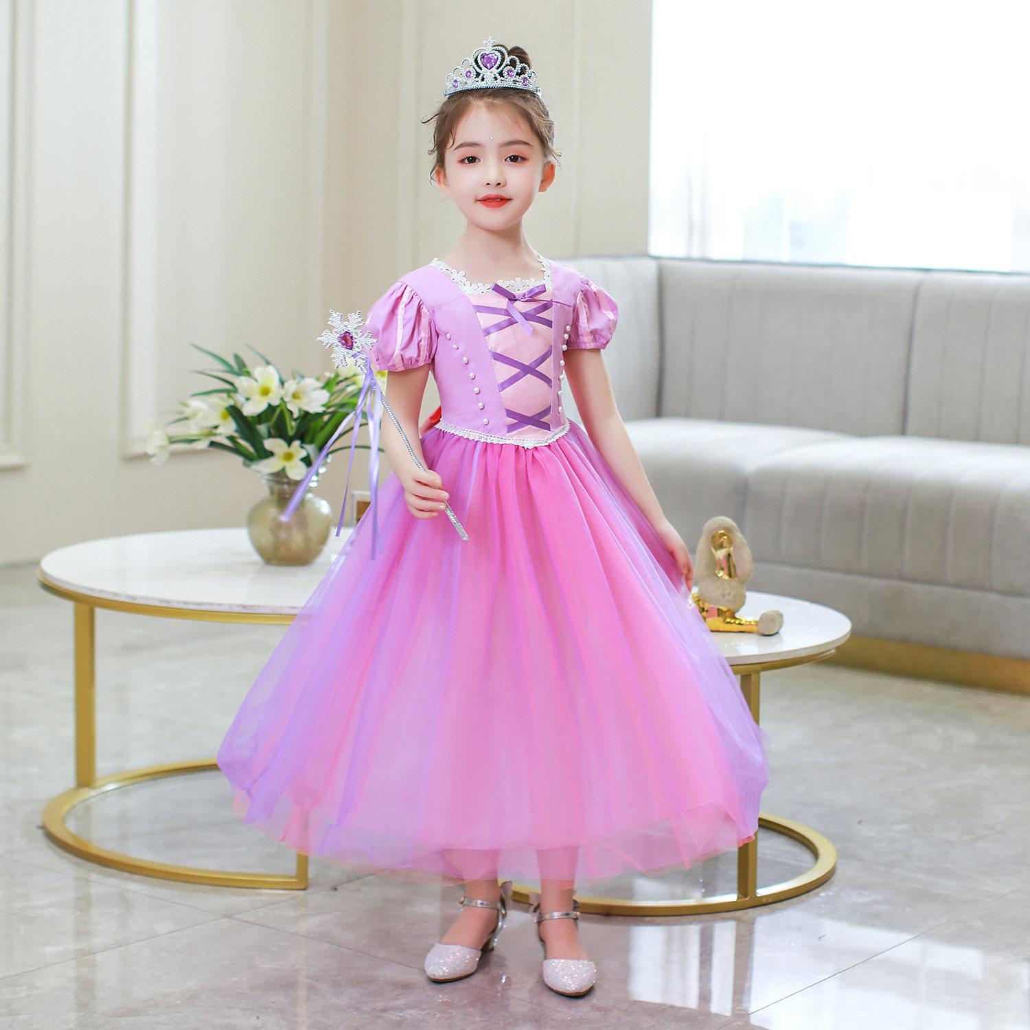 欧美女童长发公主乐佩连衣裙儿童动漫表演夏季连衣裙