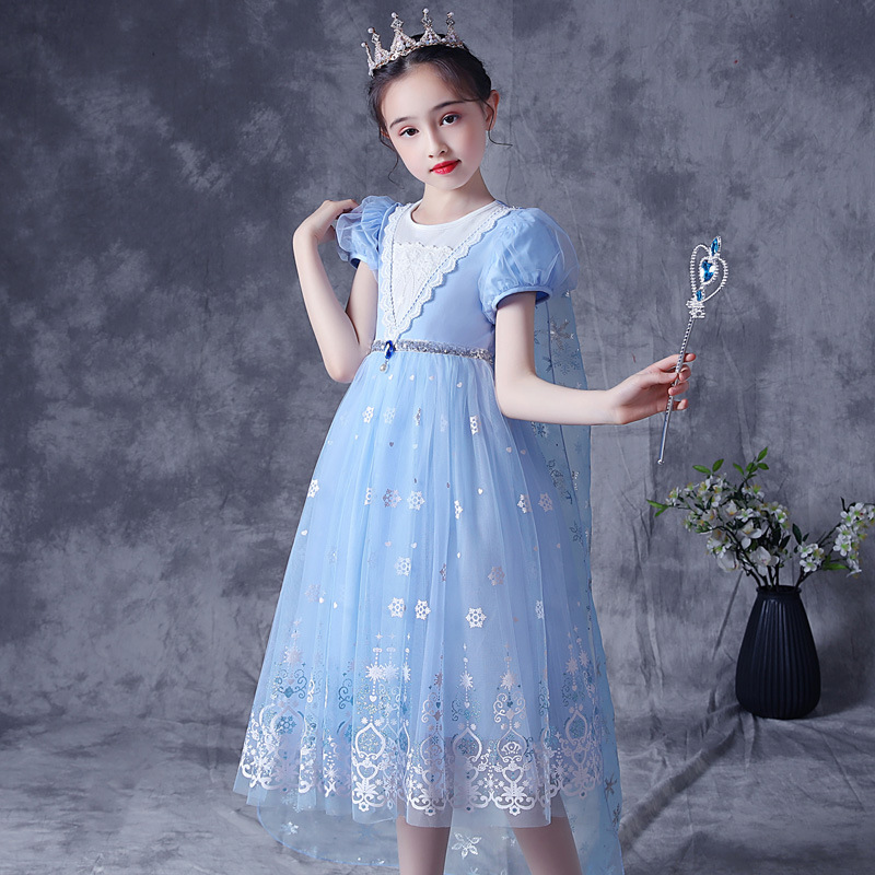 冰雪奇缘艾莎公主短袖粉色纯棉纱裙elsa女童儿童礼服