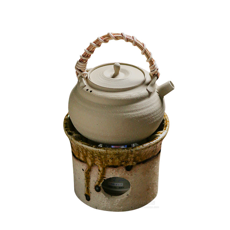 日本白泥濑户手工酒精炉煮茶炉藤编提梁茶壶茶道