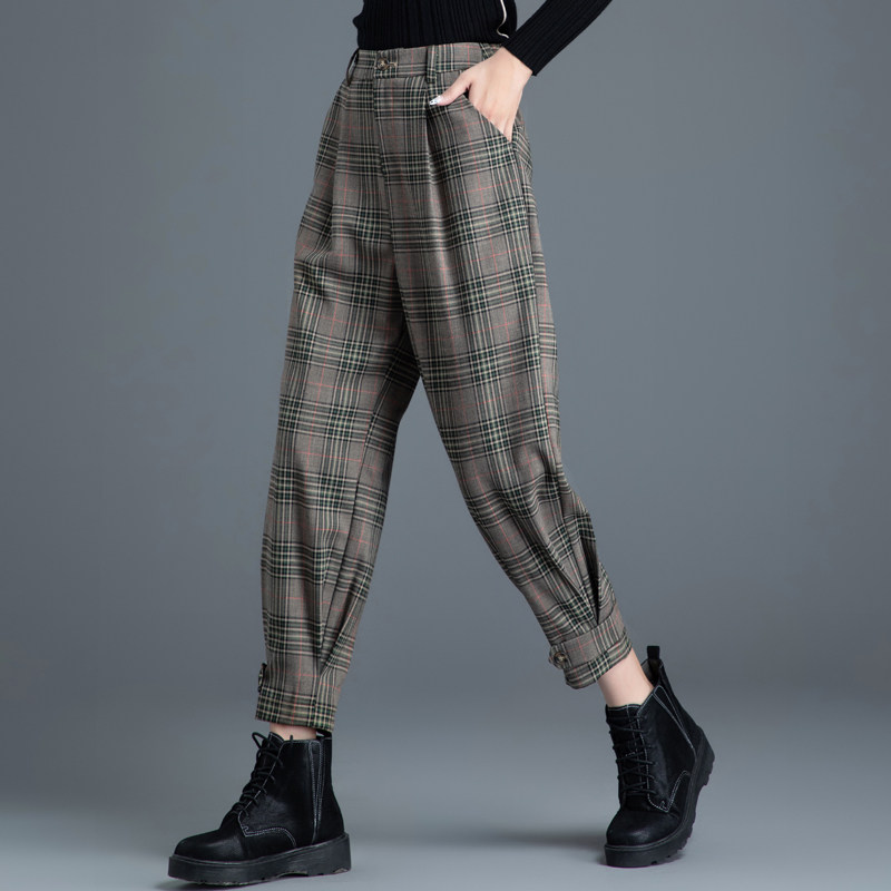 格子裤配九分萝卜工装马丁哈伦裤女新款2022休闲裤