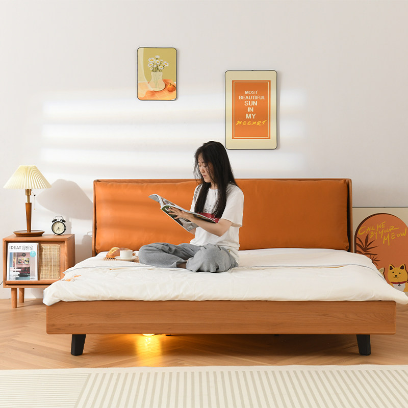 实木木床老木匠日式现代简约樱桃桃木软包双人复古实木床