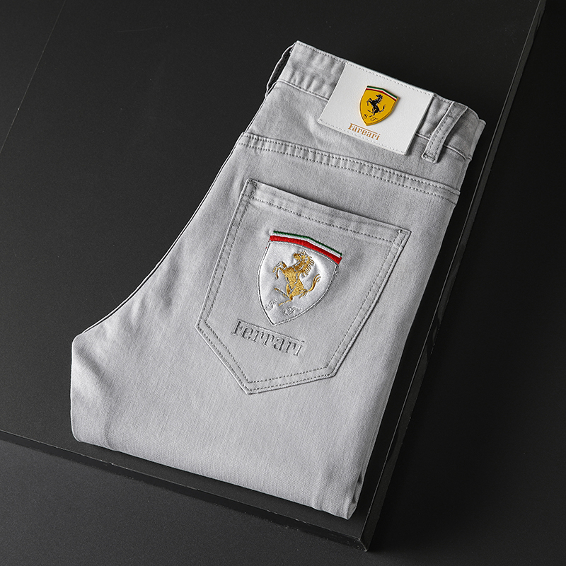 外贸出口原尾单春夏款轻奢修身牛仔裤长裤男高端刺绣浅色休闲裤男