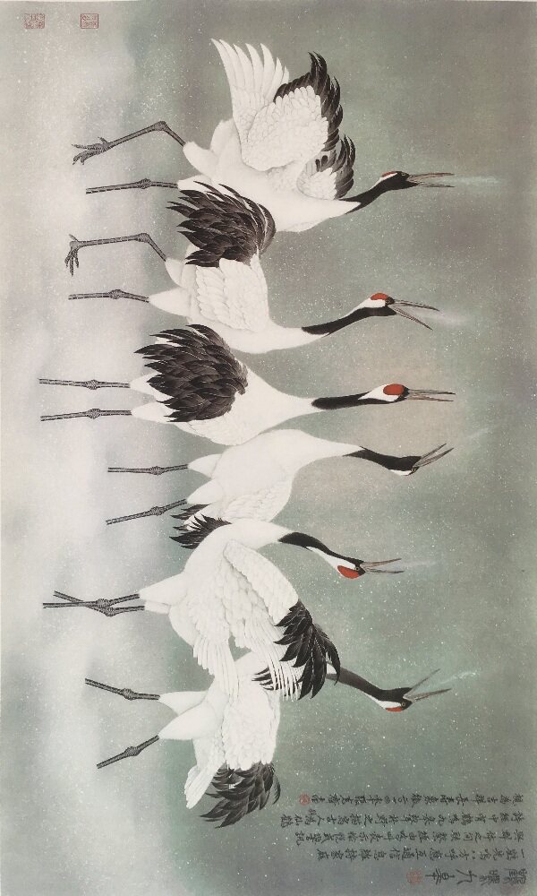 工笔画底稿仙鹤横幅鹤鸣九皋白描打印稿毛笔勾笔勾宣纸国画