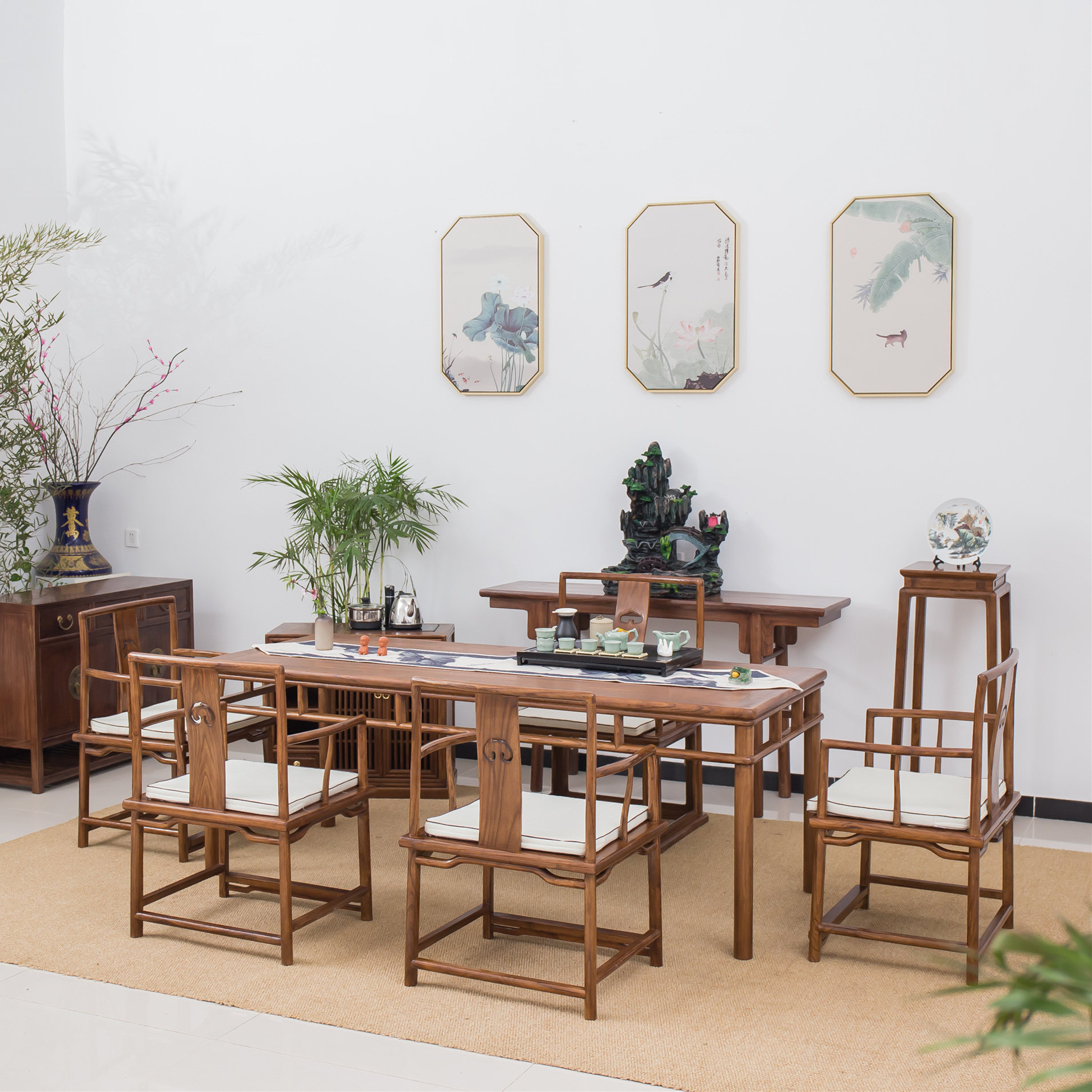 方桌桌椅组合榆木餐桌合新中式茶桌实木家具四方实木餐桌