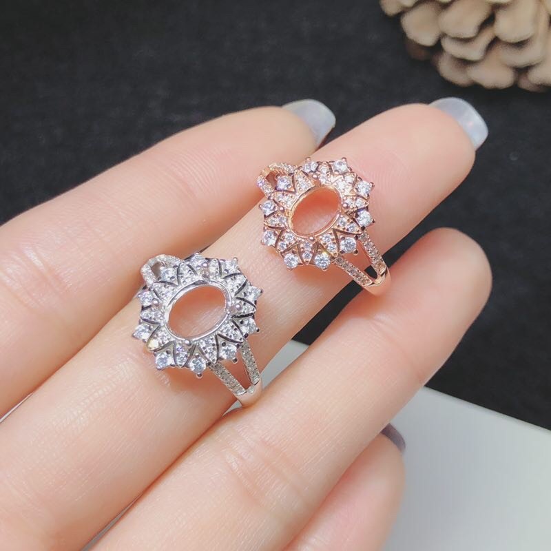 s925银饰戒指空托椭圆形10mm镶嵌蛋面刻面裸石女款戒指