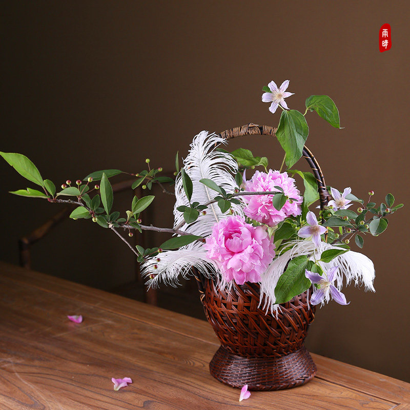 插花器皿花叶居藤编花艺花中式小花花篮竹编花篮