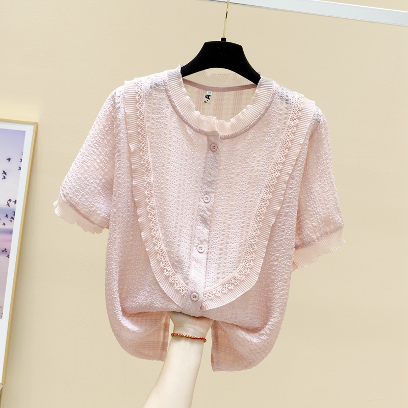 很仙的上衣女2021夏季新款超仙蕾丝甜美雪纺衫女衬衣时尚洋气气质