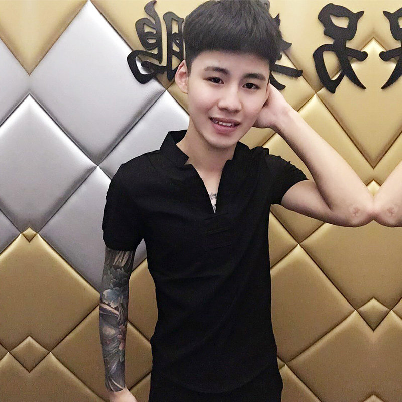 快手红人修身青年新款夏新款另类半袖立领人立社会卫衣