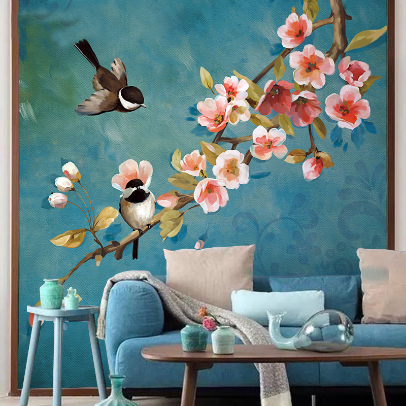国画现代中式手绘花鸟壁纸蓝绿绿色做旧墙纸定制壁画