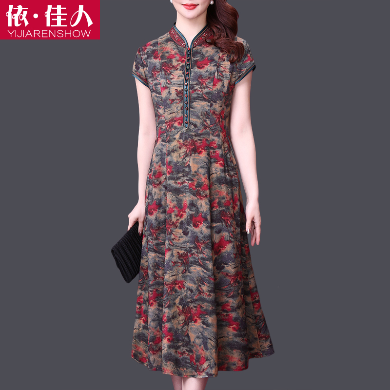 贵夫人香云纱真丝连衣裙女夏2021新款大牌妈妈桑蚕丝改良旗袍裙子