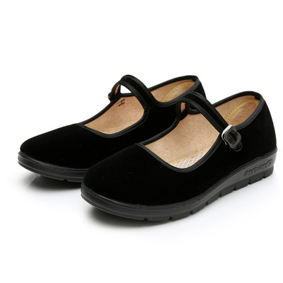 同源北京黑色工作平绒厚底防滑酒店上班软底妈妈舞鞋布鞋