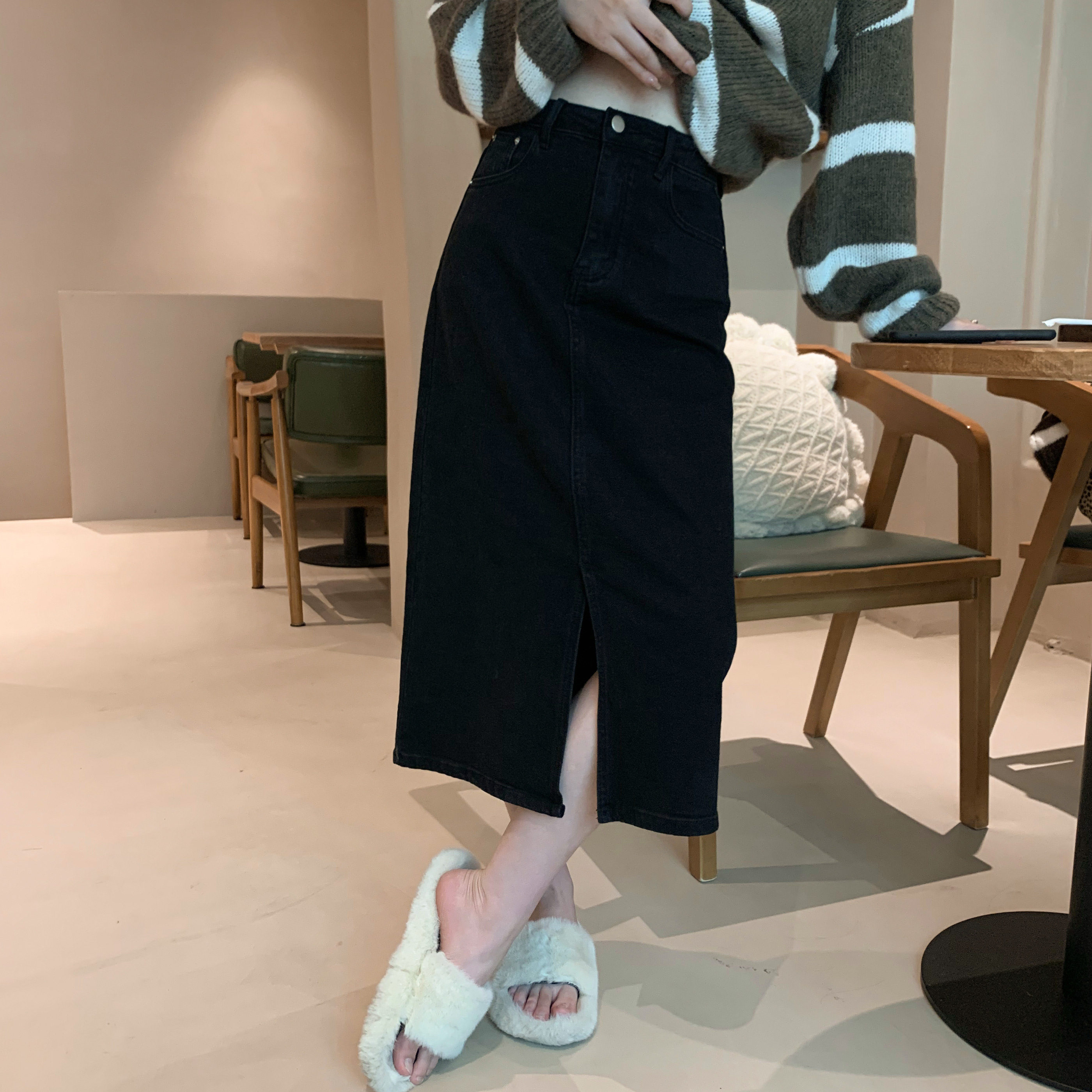 hvivi黑色复古高腰显瘦开叉牛仔裙女中中长字包半身裙