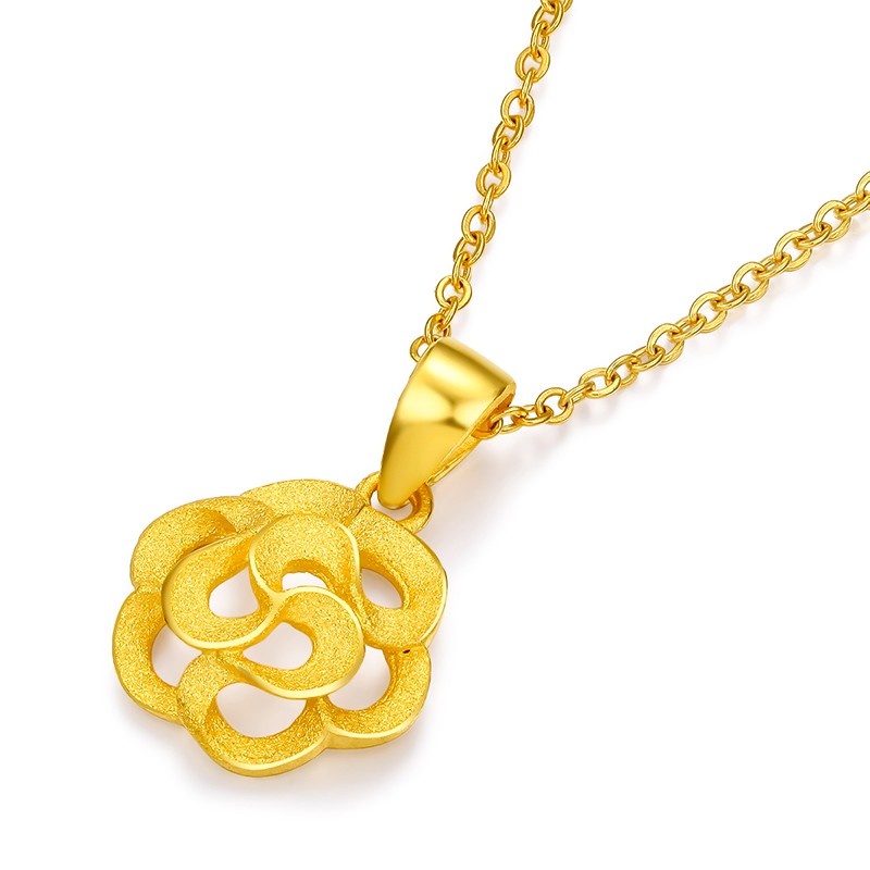 女款细款项链锁骨足金芙蓉花吊坠新品花朵黄金花颈饰