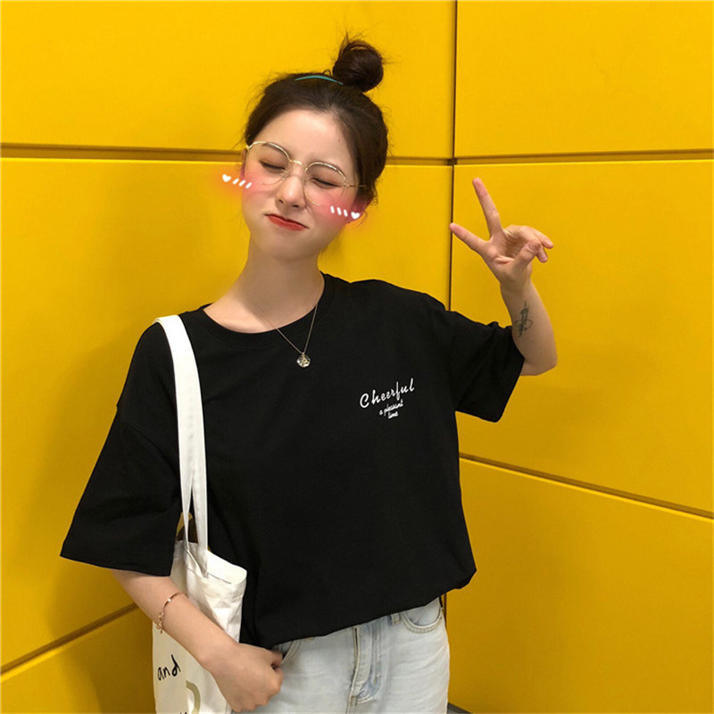ins短袖t恤女韩版原宿bf风港风百搭学生宽松ulzzang上衣服潮丅恤