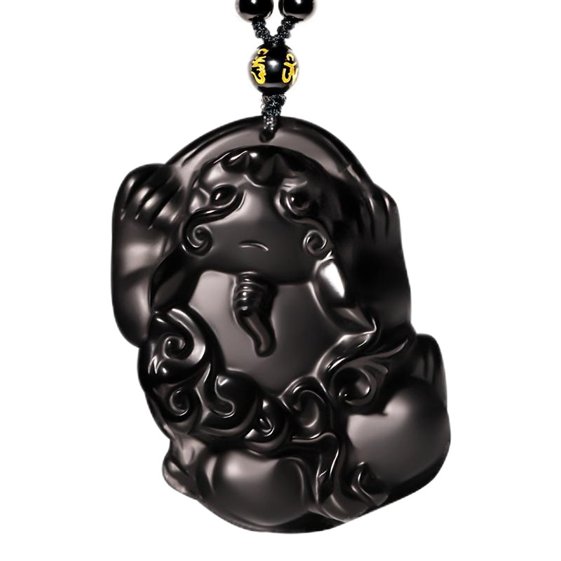 赏峰黑曜石霸王貔貅大嘴皮休女吊坠