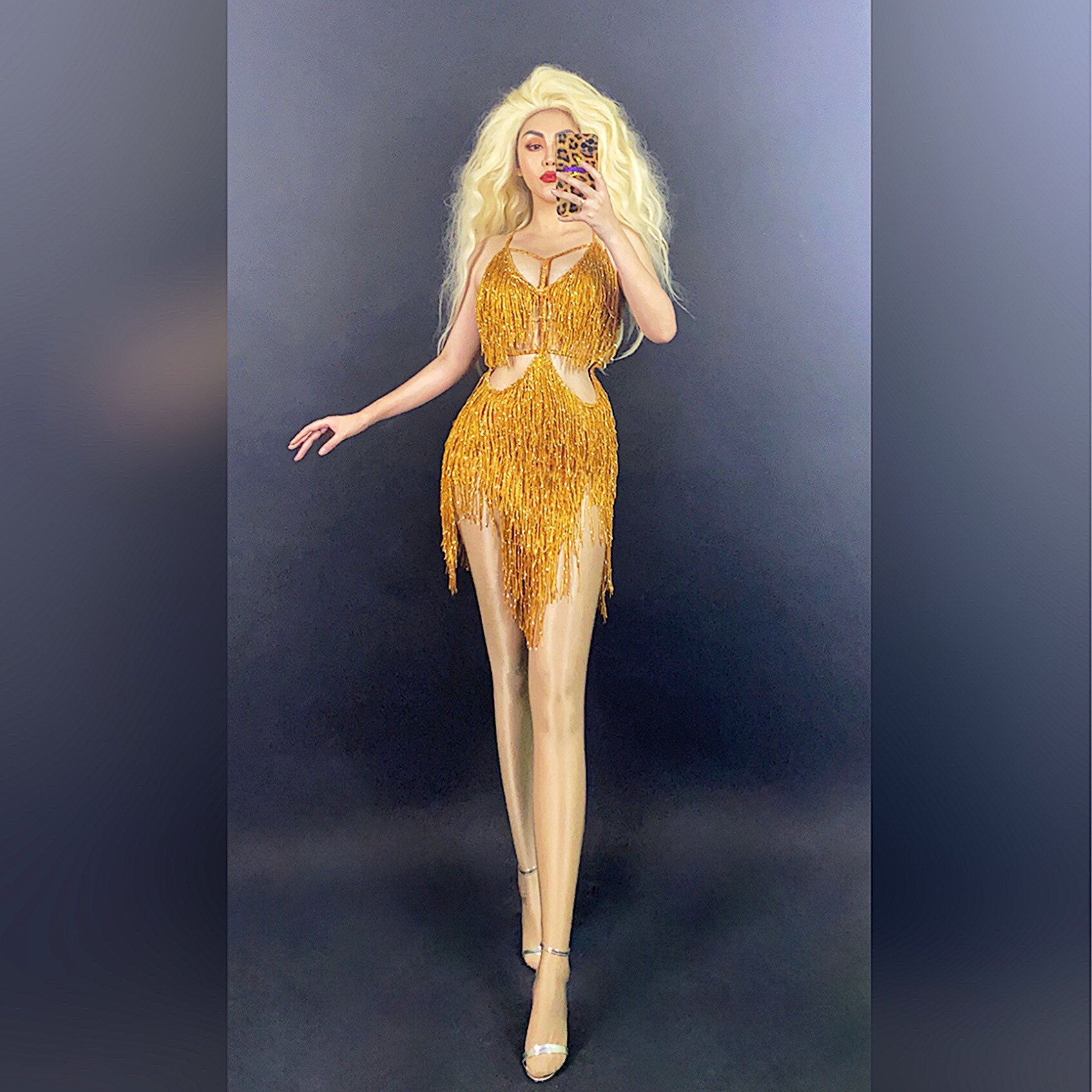 金色流苏镂空美背连衣裙夜店酒吧女歌手djdsgogo演出服民族服装