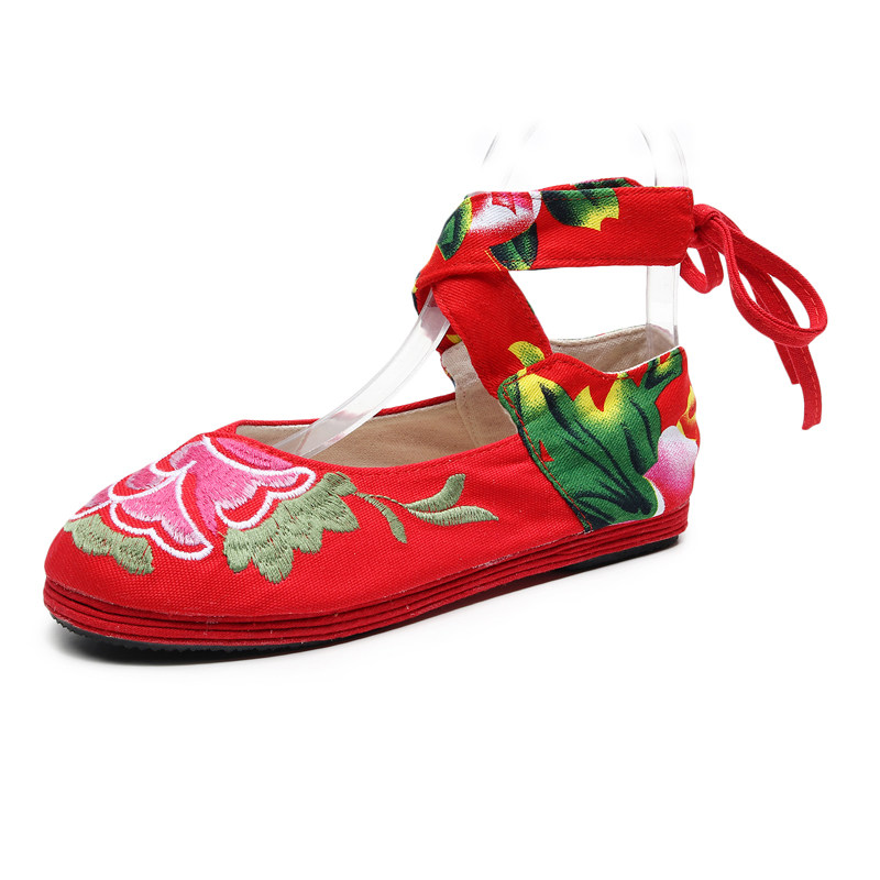 老北京布鞋绣花鞋民族风花朵系带圆头交叉绑带民族布鞋布鞋