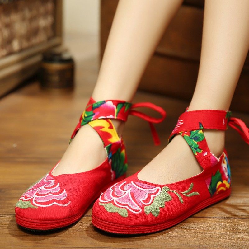 老北京布鞋绣花鞋民族风花朵系带圆头交叉绑带民族布鞋布鞋